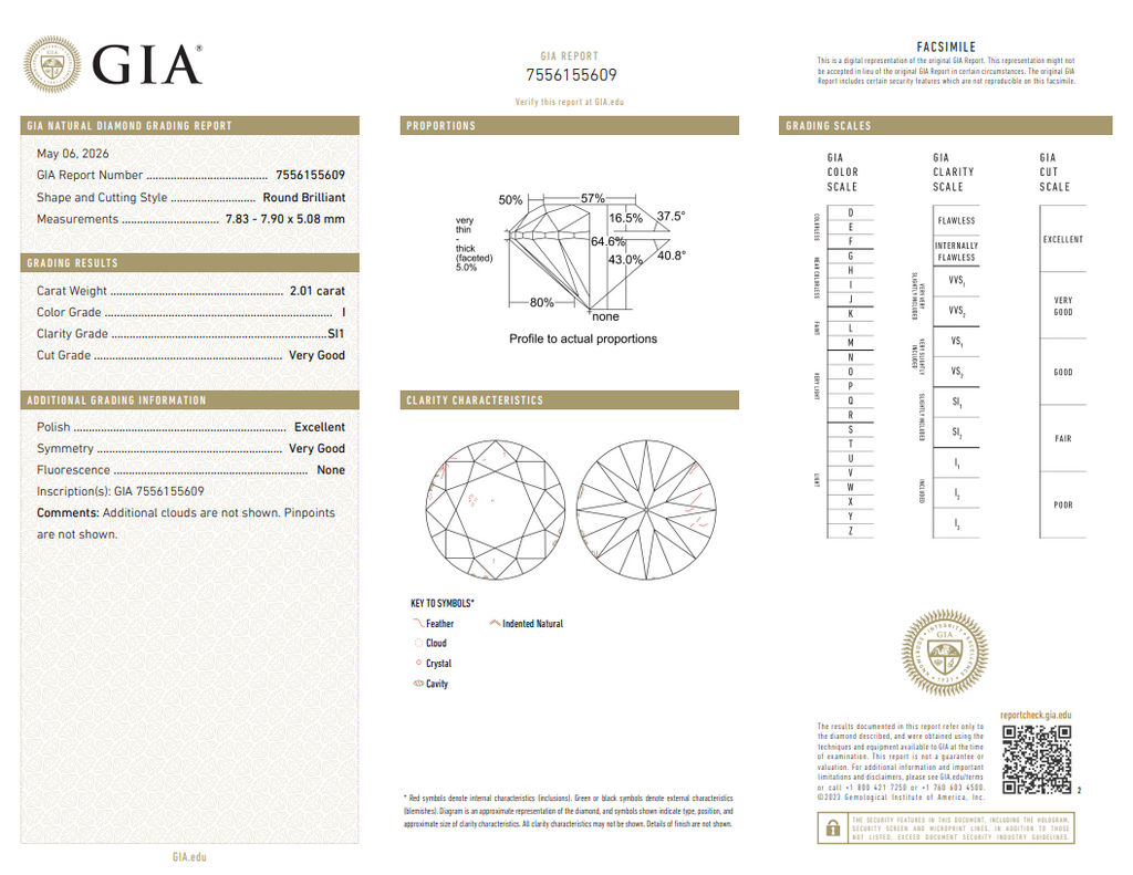 GIA 2.01 CT Natural Round Brilliant I SI1 EX VG