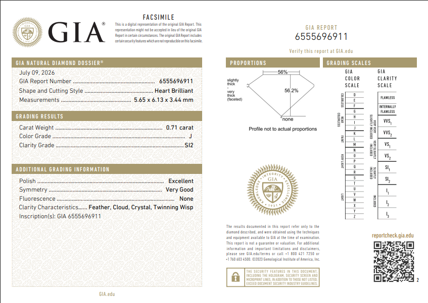 GIA 0.71 CT Natural Heart Brilliant J SI2