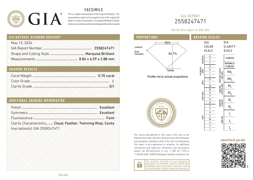 GIA 0.70 CT Natural Marquise Brilliant J SI1 XX