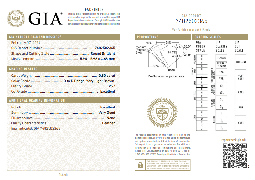 GIA 0.80 CT Natural Round Brilliant Q-R VS2