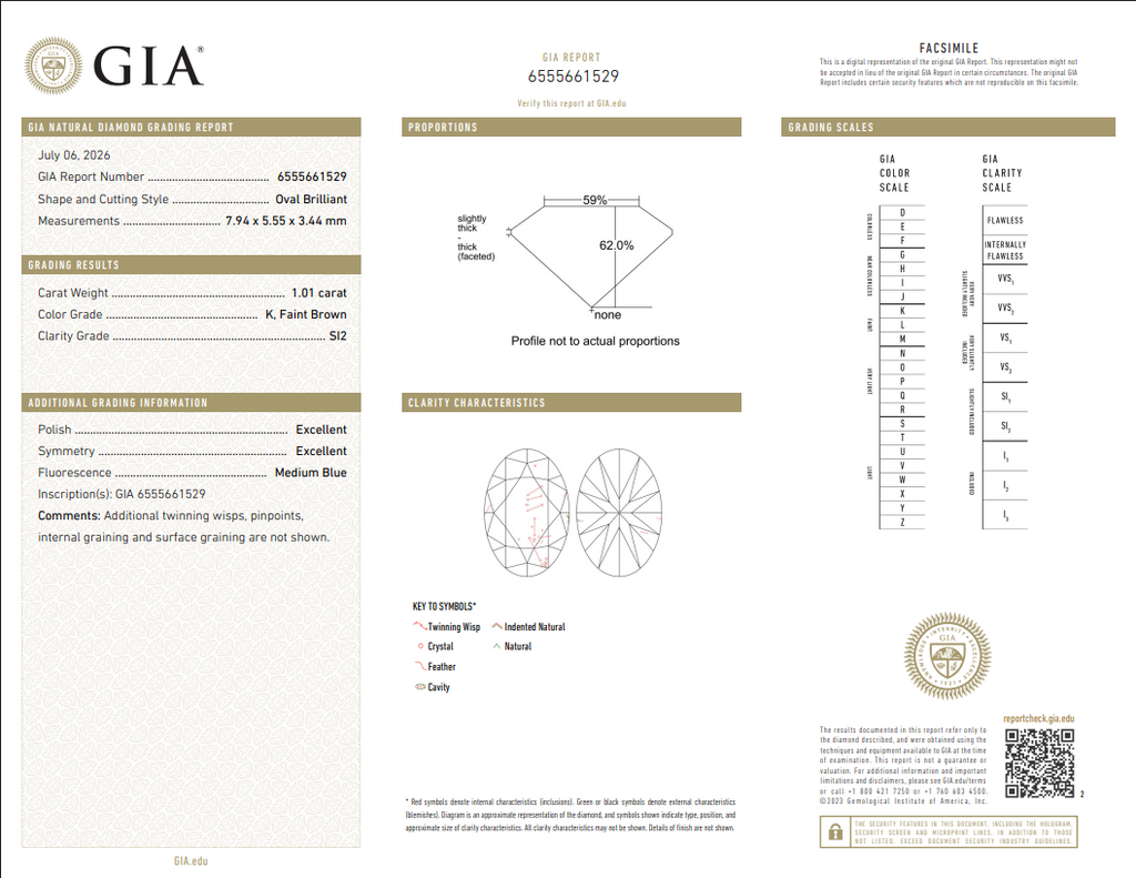 GIA 1.01 CT Natural Oval Brilliant K Faint Brown SI2 XX