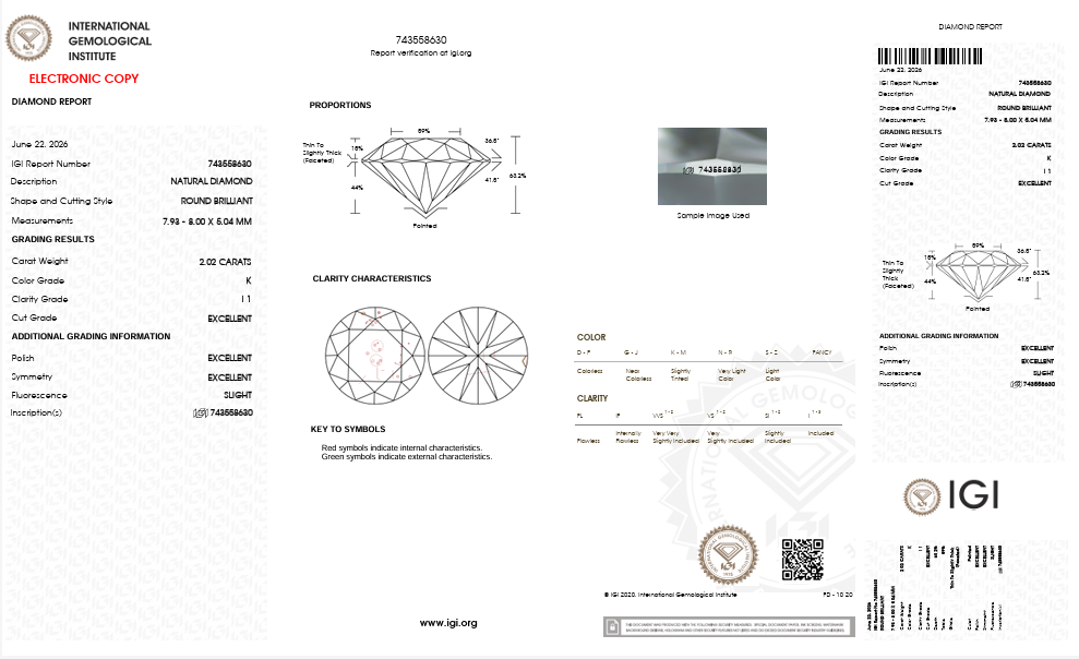 IGI 2.02 CT Natural Round Brilliant K I1 XXX