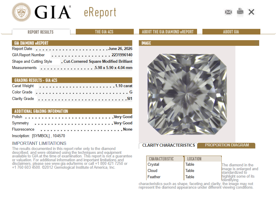 GIA 1.10 CT Radiant Cut Natural Diamond G SI1 VG VG