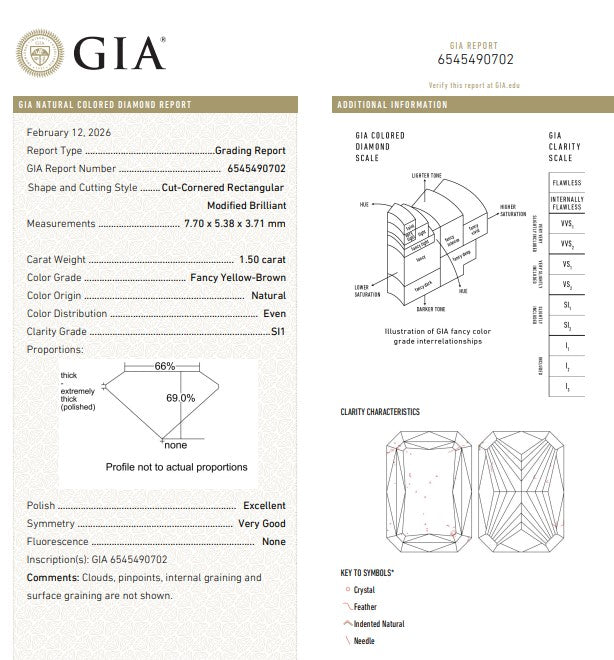 GIA 1.50 CT Natural Radiant Fancy Yellow-Brown SI1 EX/VG