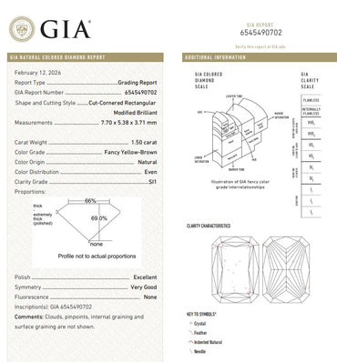 GIA 1.50 CT Natural Radiant Fancy Yellow-Brown SI1 EX/VG