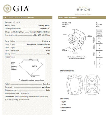 GIA 1.50 CT Natural Long Cushion Fancy Dark Yellowish Brown VS2 EX/VG