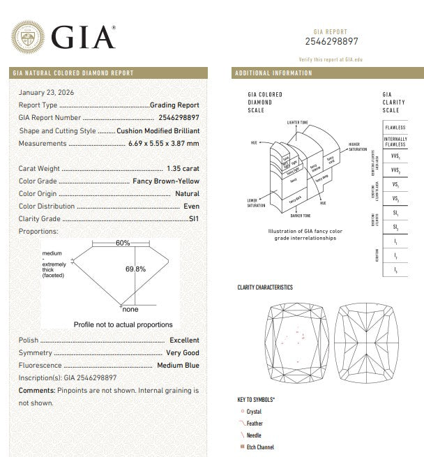 GIA 1.35 CT Natural Long Cushion Fancy Brown-Yellow SI1 EX/VG