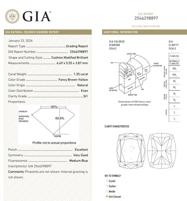 GIA 1.35 CT Natural Long Cushion Fancy Brown-Yellow SI1 EX/VG