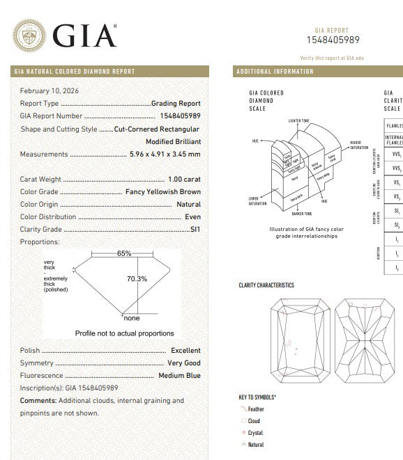 GIA 1.00 CT Natural Radiant Fancy Yellowish Brown SI1 EX/VG