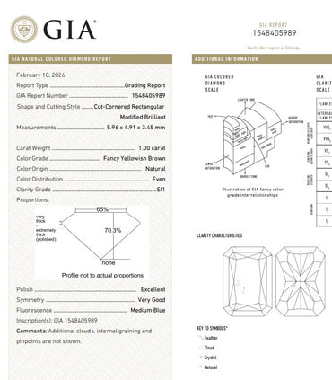 GIA 1.00 CT Natural Radiant Fancy Yellowish Brown SI1 EX/VG
