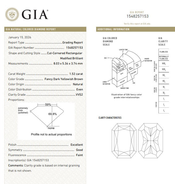 GIA 1.52 CT Natural Radiant Fancy Dark Yellowish Brown VVS2 EX/GD