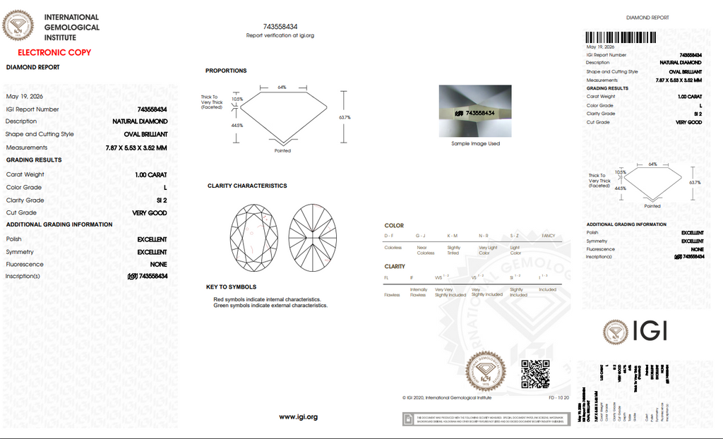 IGI 1.00 CT Natural Oval Brilliant L SI2 XX