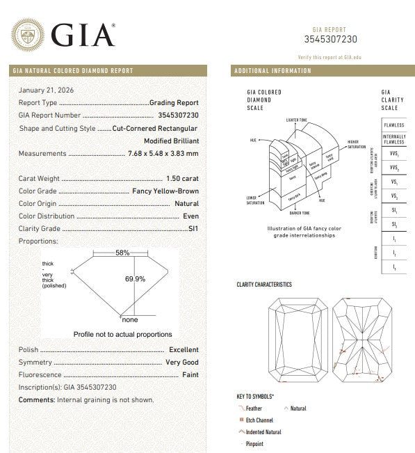 GIA 1.50 CT Natural Radiant Fancy Yellow-Brown SI1 EX/VG
