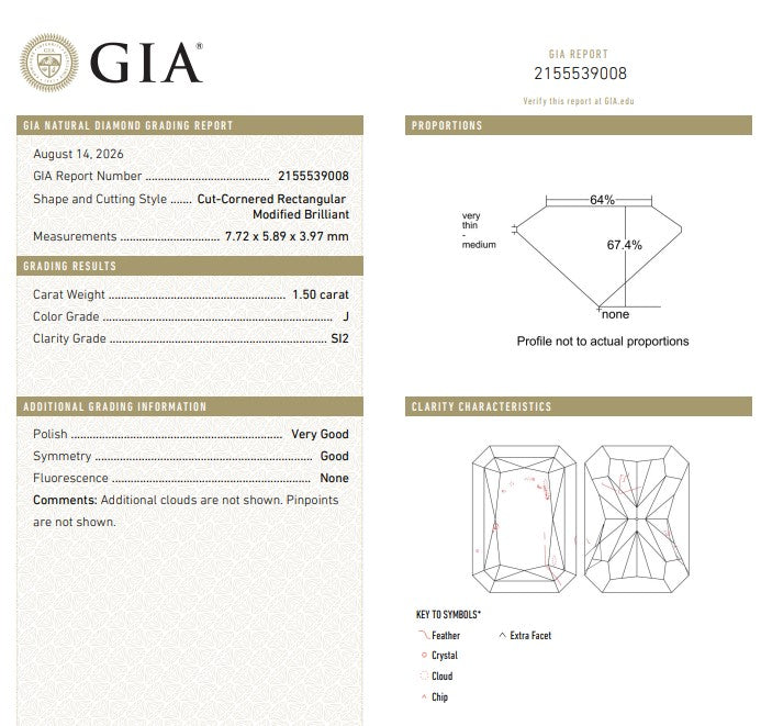 GIA 1.50 CT Radiant Diamond, J, SI2