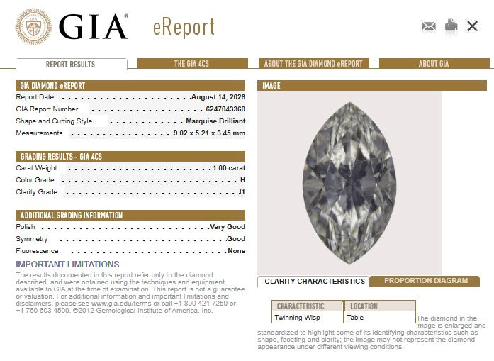 GIA 1.00 CT Marquise Diamond, H, I1