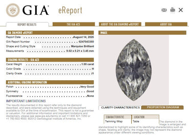GIA 1.00 CT Marquise Diamond, H, I1