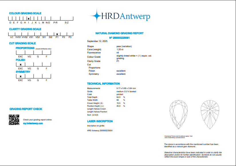 HRD 1.20 CT Natural Pear I I1 EX EX