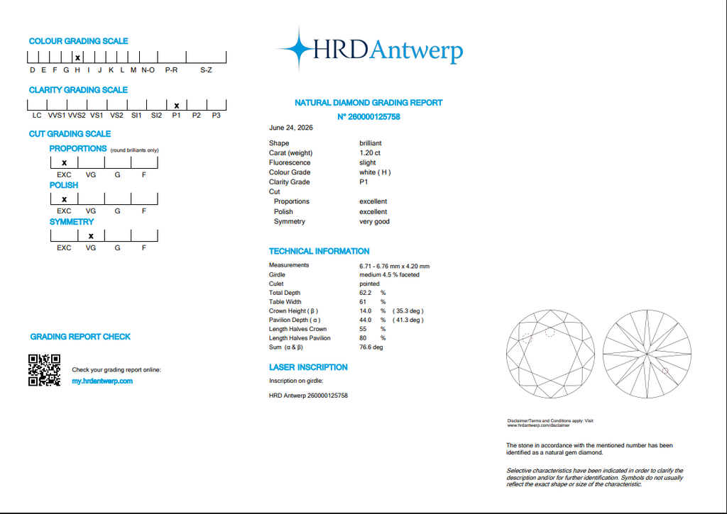 HRD 1.20 CT Natural Round Brilliant H I1 EX EX VG