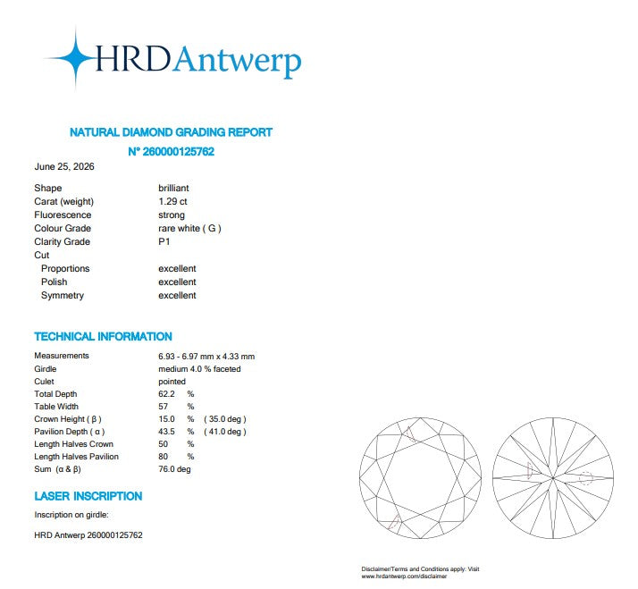 HRD 1.29 CT Natural Round Brilliant G I1 XXX