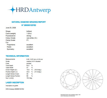 HRD 1.29 CT Natural Round Brilliant G I1 XXX