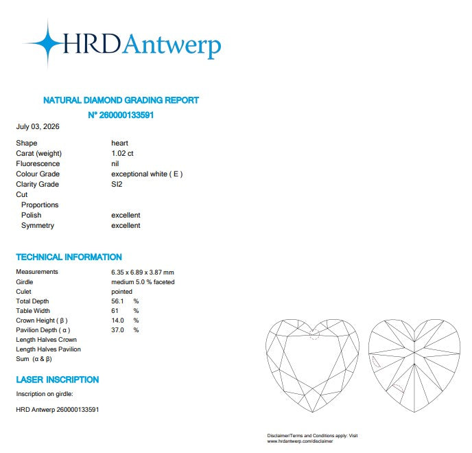 HRD 1.02 CT Natural Heart E SI2 EX EX