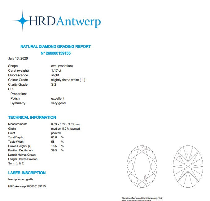 HRD 1.17 CT Natural Oval J SI2 EX VG