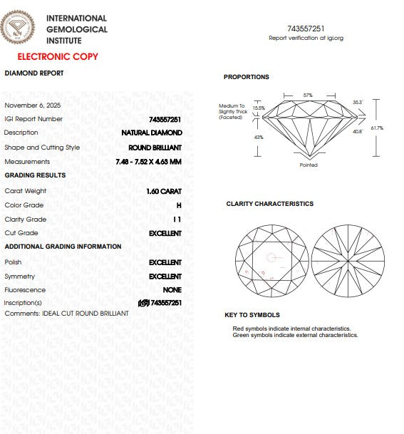 IGI 1.60 CT Natural Round Brilliant H I1 XXX