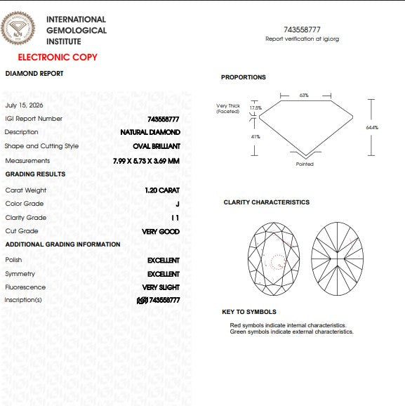IGI 1.20 CT Natural Oval J I1 VG EX EX