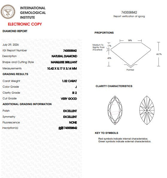 IGI 1.02 CT Natural Marquise J SI2 VG EX EX