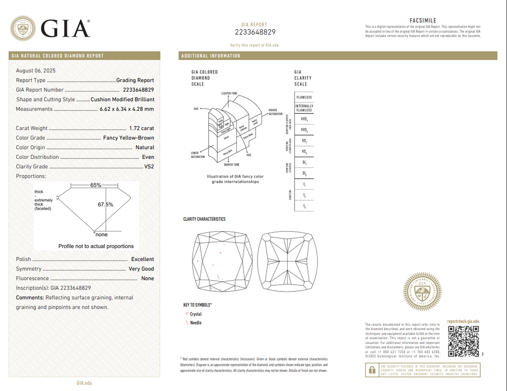GIA 1.72 CT Natural Cushion Fancy Yellow-Brown VS2 EX VG