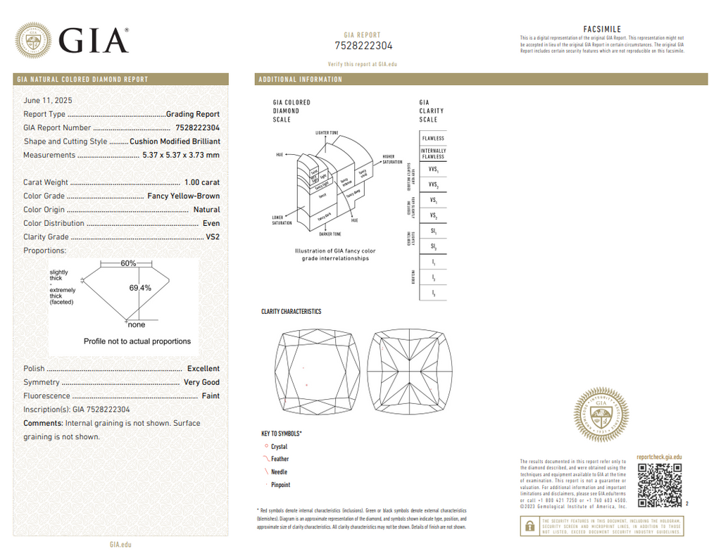 GIA 1.00 CT Natural Cushion Fancy Yellow-Brown VS2 EX VG