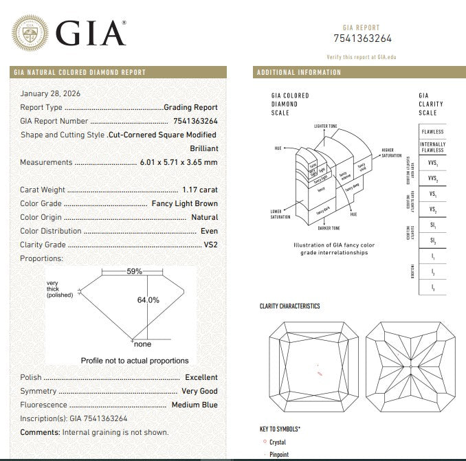 GIA 1.17 CT Natural Radiant Fancy Light Brown VS2
