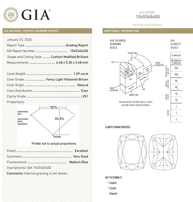 GIA 1.09 CT Natural Cushion Fancy Light Yellowish Brown VS1