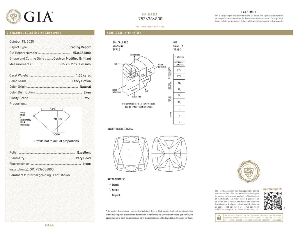 GIA 1.00 CT Natural Cushion Fancy Brown VS1 EX VG