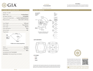 GIA 1.00 CT Natural Cushion Fancy Brown VS1 EX VG