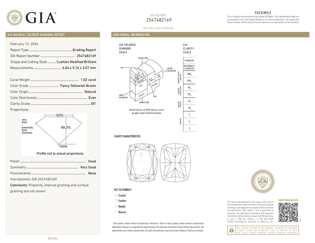 GIA 1.02 CT Natural Cushion Fancy Yellowish Brown SI1 G VG