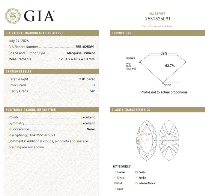 GIA 2.01 CT Natural Marquise H SI2