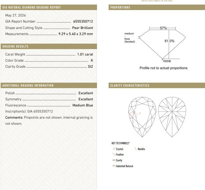 GIA 1.01 CT Natural Pear K SI2 MED BLUE