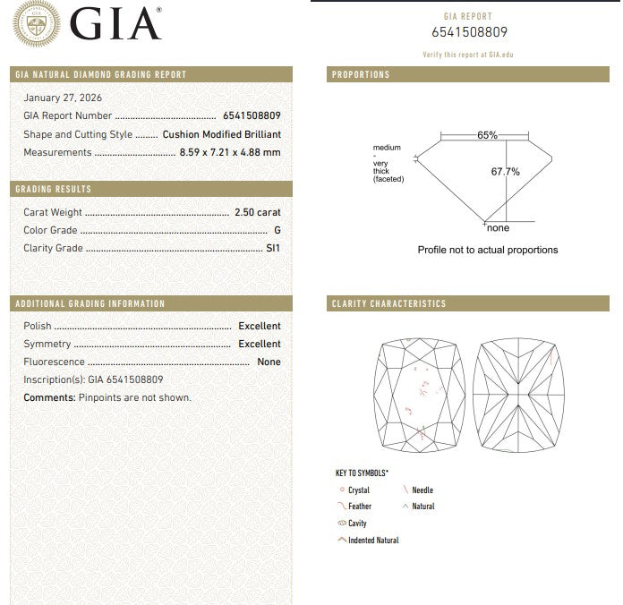 GIA 2.50 CT Natural Cushion G SI1