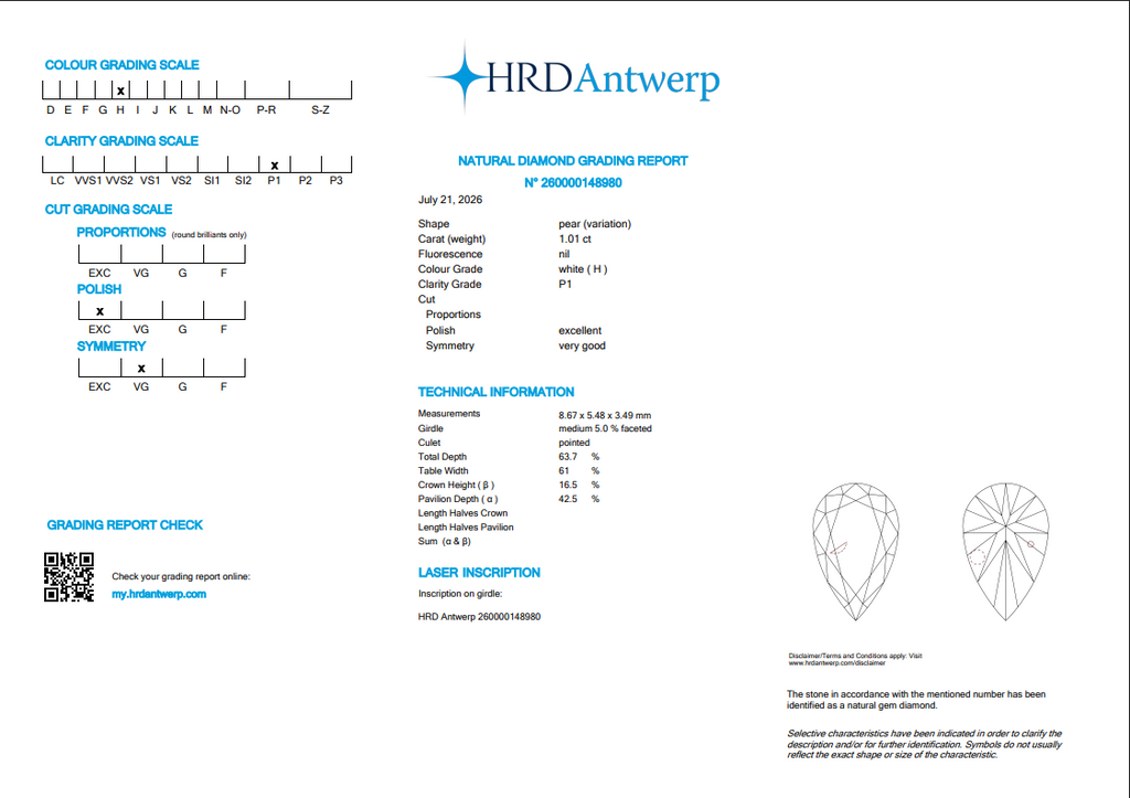 HRD 1.01 CT Natural Pear Brilliant H I1 EX VG