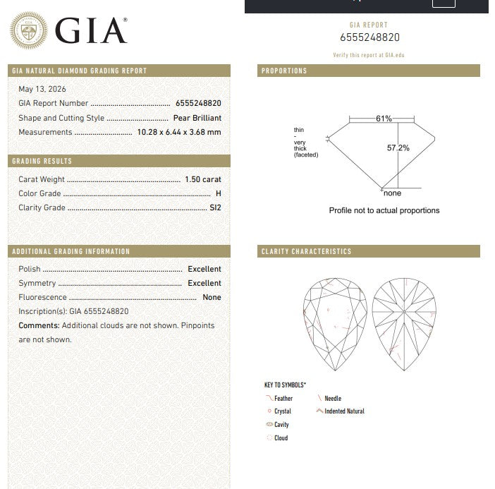 GIA 1.50 CT Natural Pear H SI2