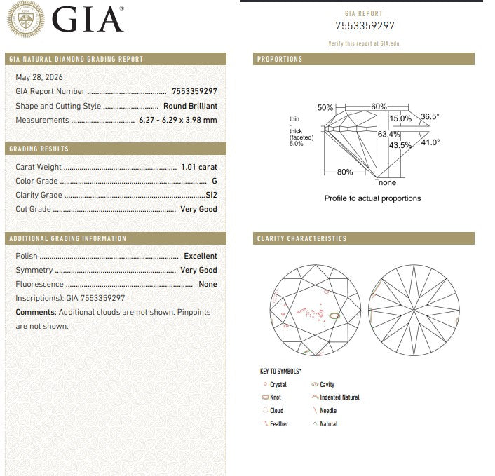 GIA 1.01 CT Natural Round G SI2