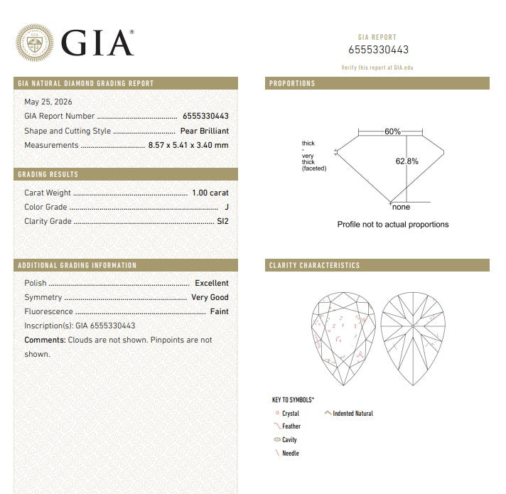 GIA 1.00 CT Natural Pear J SI2