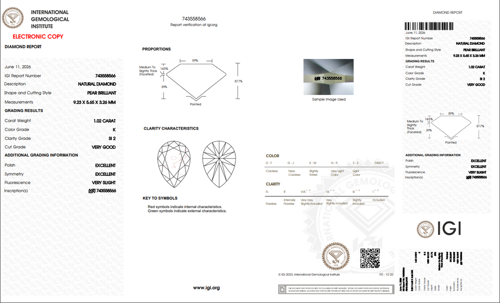 IGI 1.02 CT Natural Pear K SI2 Nice Make