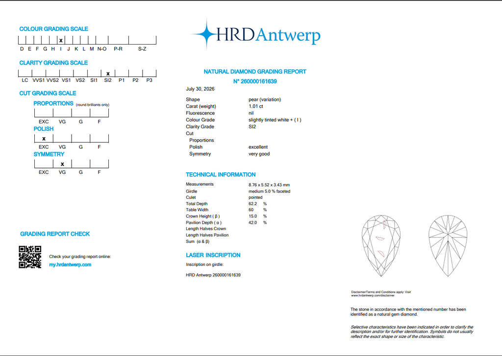 HRD/IGI 2.01 CTW Natural Pear Match H-I SI2