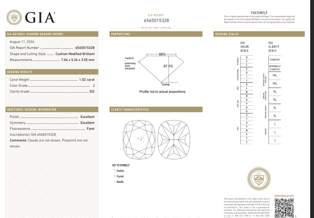 GIA 1.02 CT Natural Long Cushion J SI2 EX EX