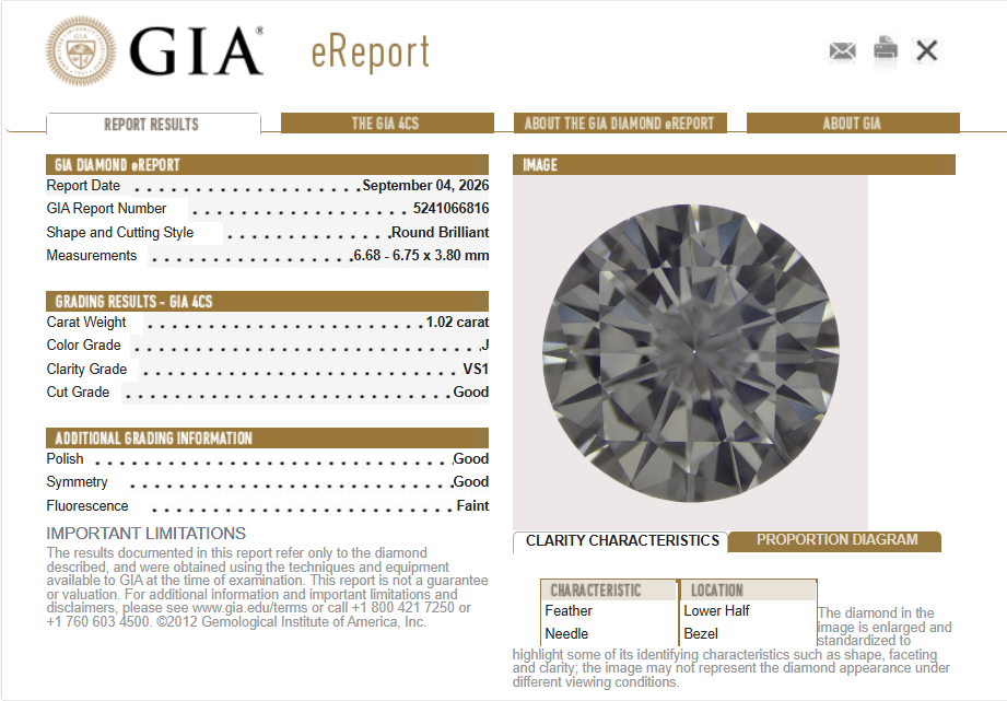 GIA 1.02 CT Round Diamond, J, VS1