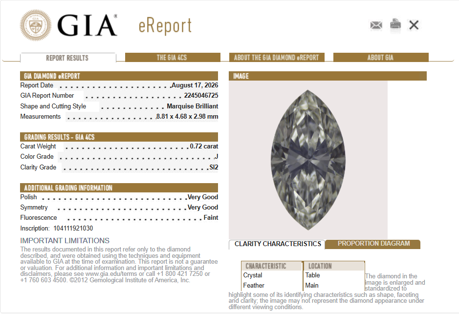 GIA 0.72 Natural Marquise Cut J SI2