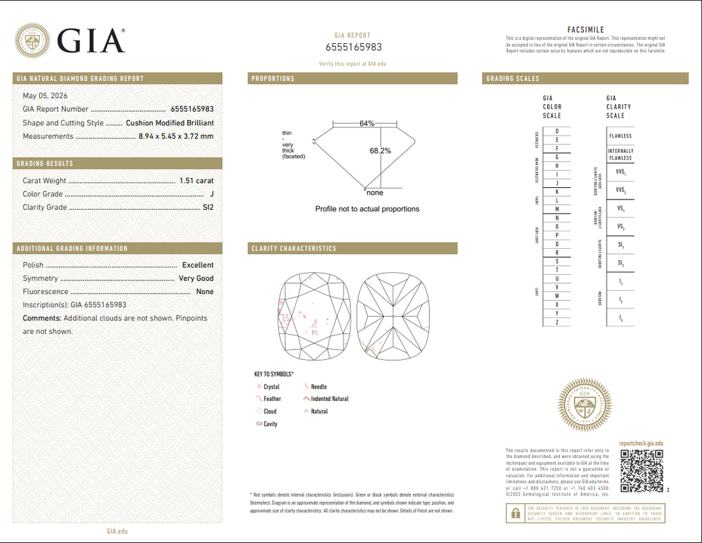 GIA 1.51 CT Natural Long Cushion J SI2