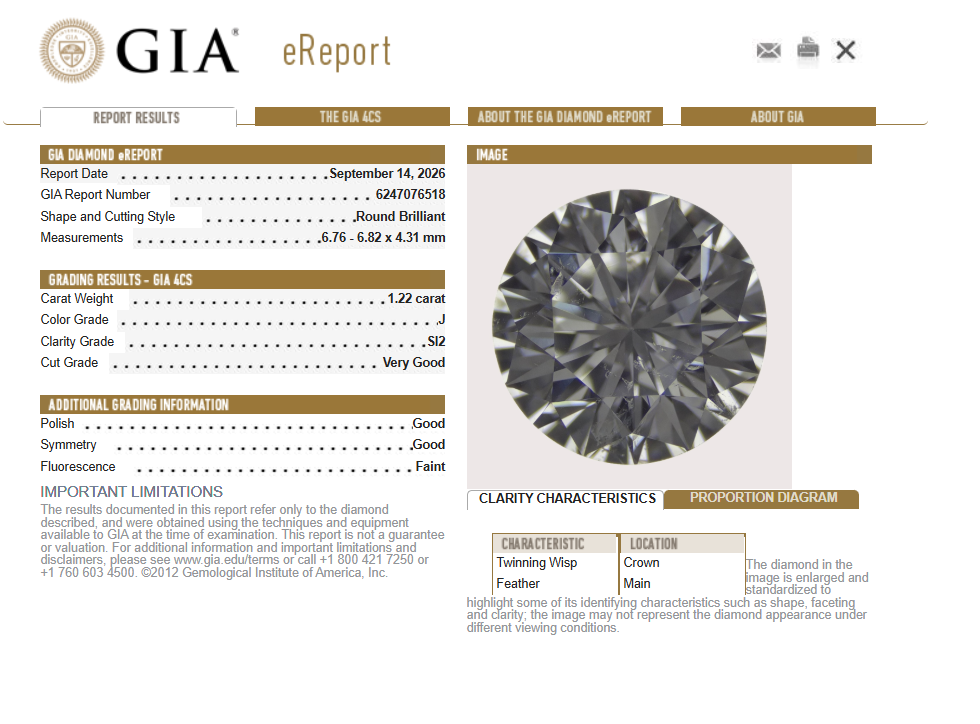 GIA 1.22 CT Natural Round Brilliant Cut J SI2